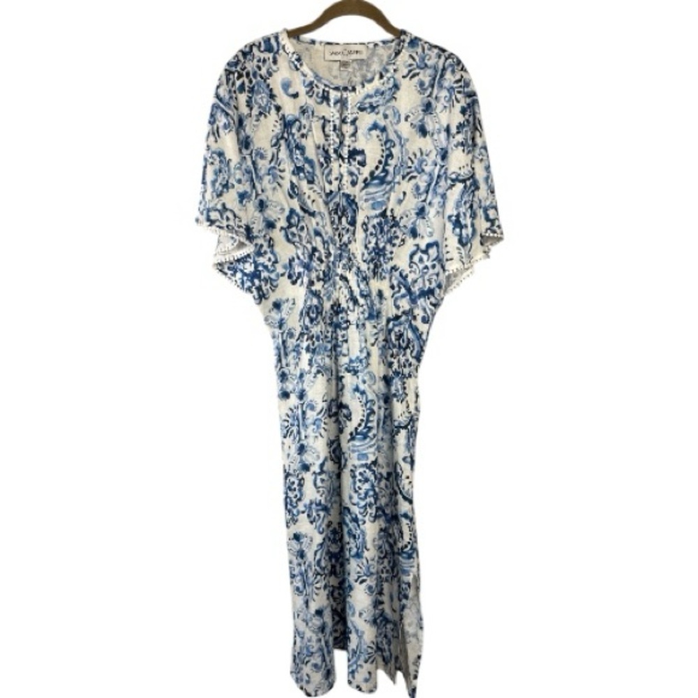 Sara Campbell Blue White Linen Kaftan Dress | Small | Coastal Resort